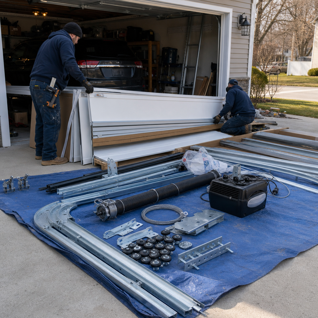 Two technicians installing a new garage door with professional equipment