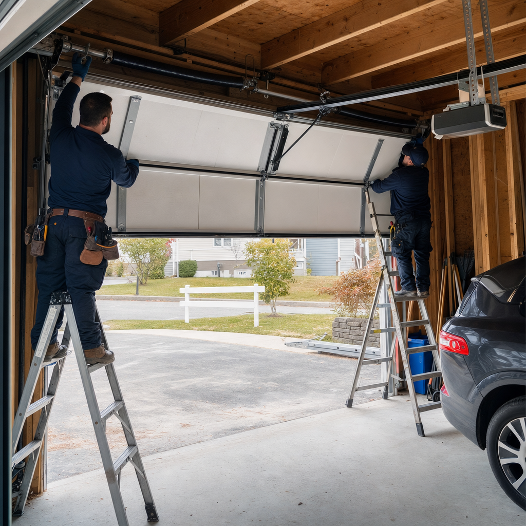 Two professional technicians installing a residential garage door