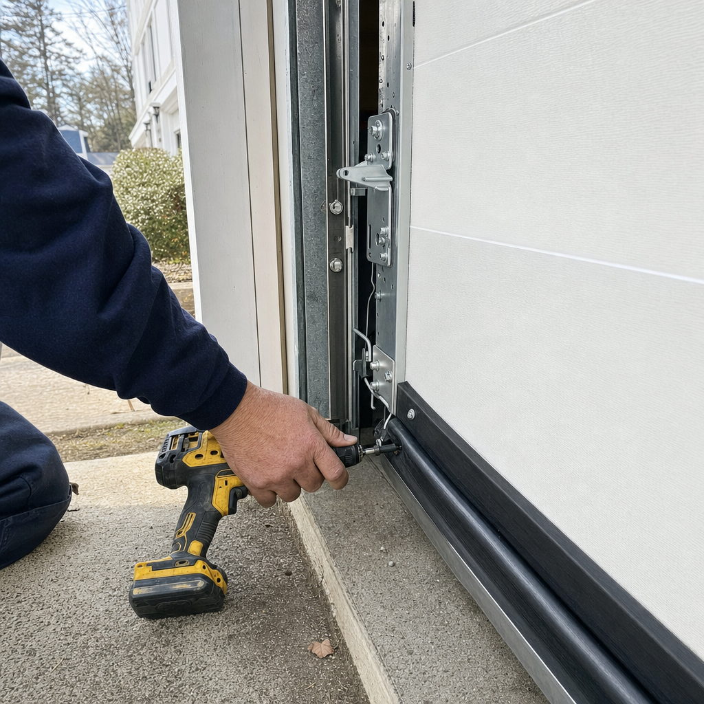 Technician installing garage door bottom weather seal with a power drill