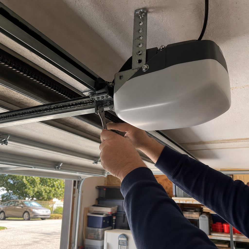 Technician using a wrench to repair a garage door opener motor