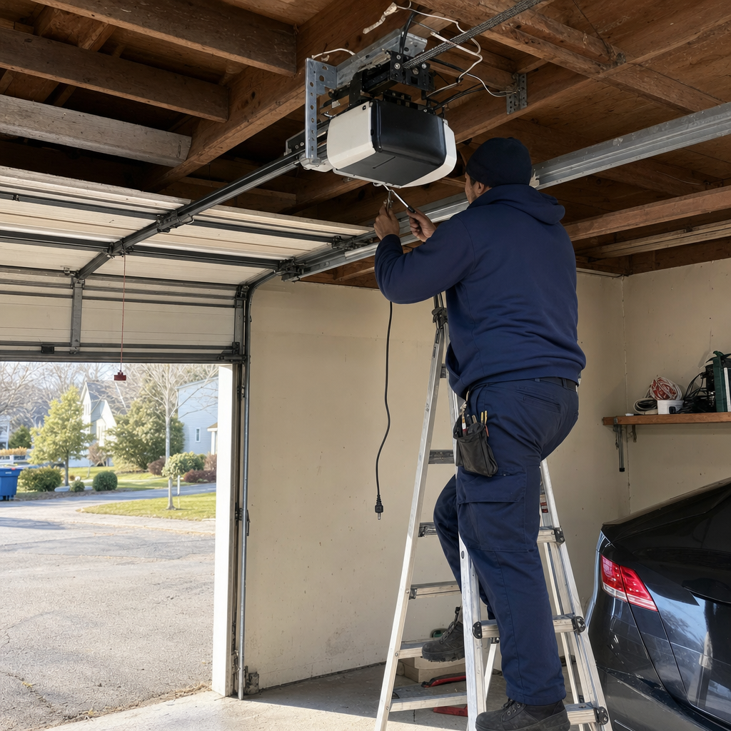 Technician performing professional garage door opener repair and maintenance service