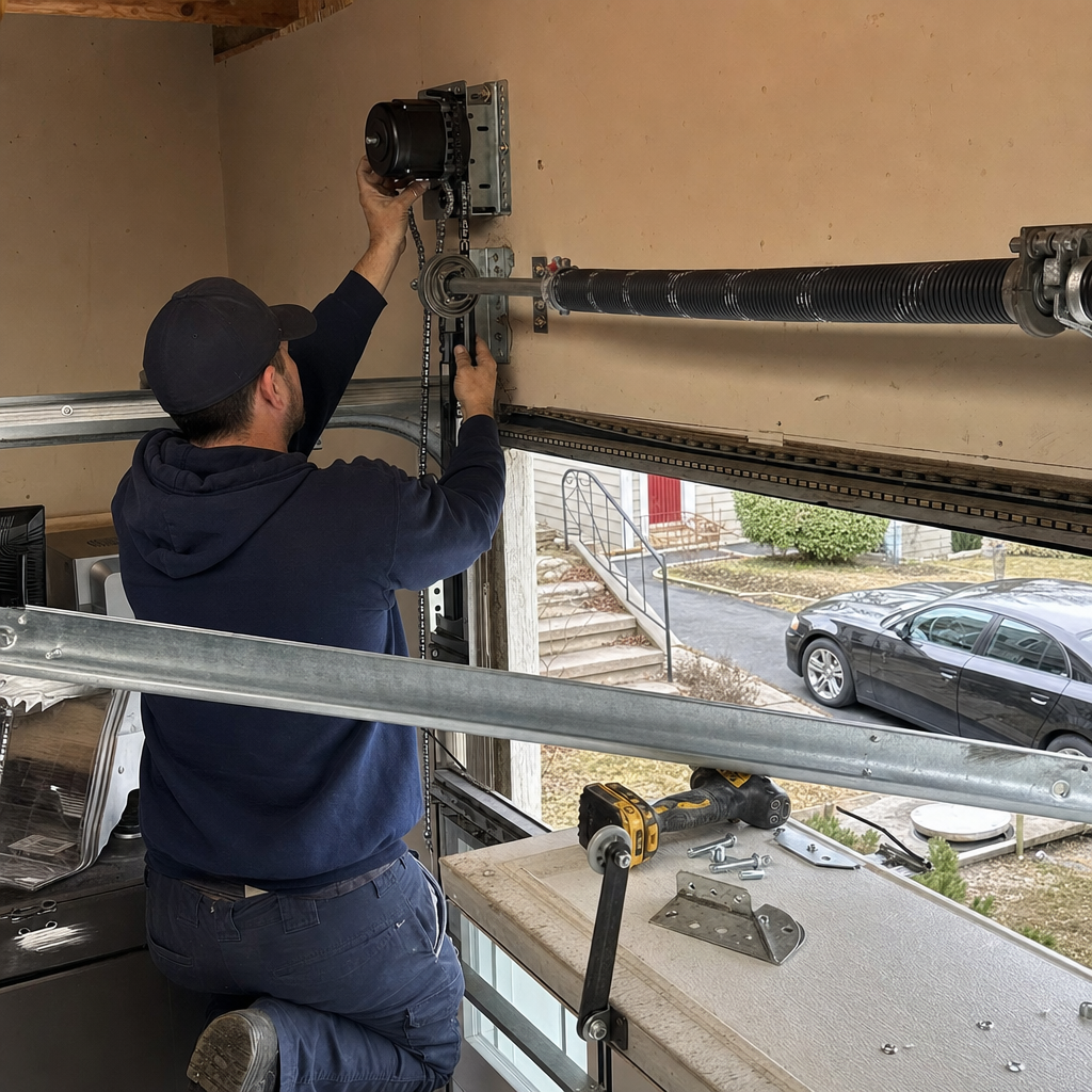 Technician installing a professional wall-mounted garage door opener motor
