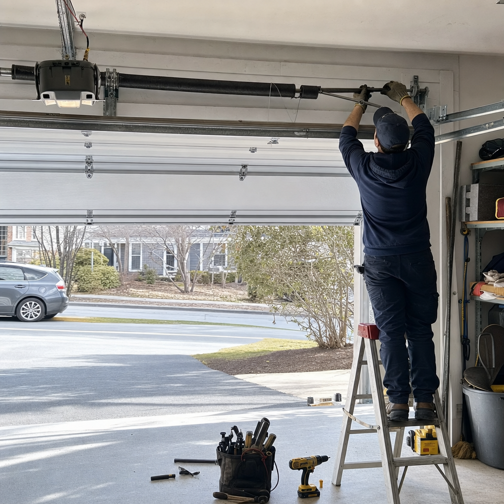 Technician performing professional garage door spring repair on a residential door