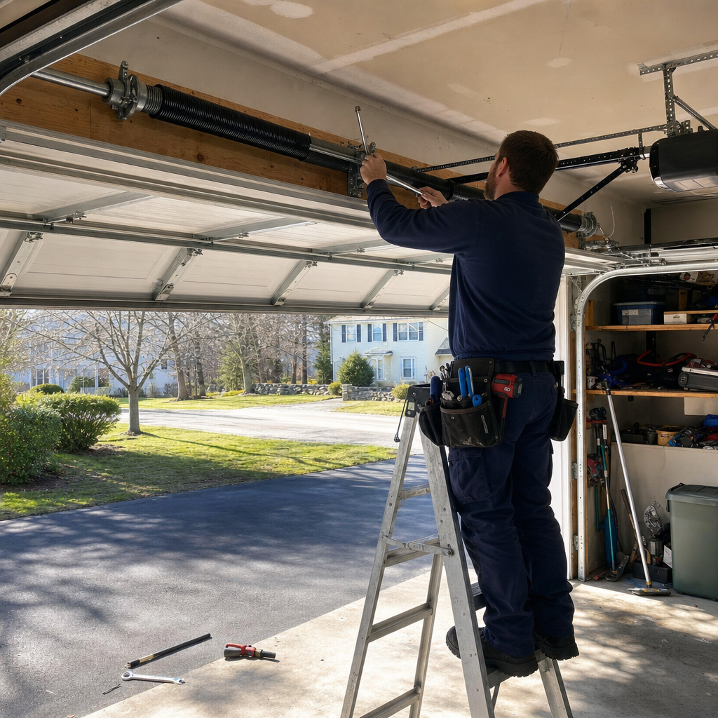 Professional garage door technician performing repairs on a residential door spring.
