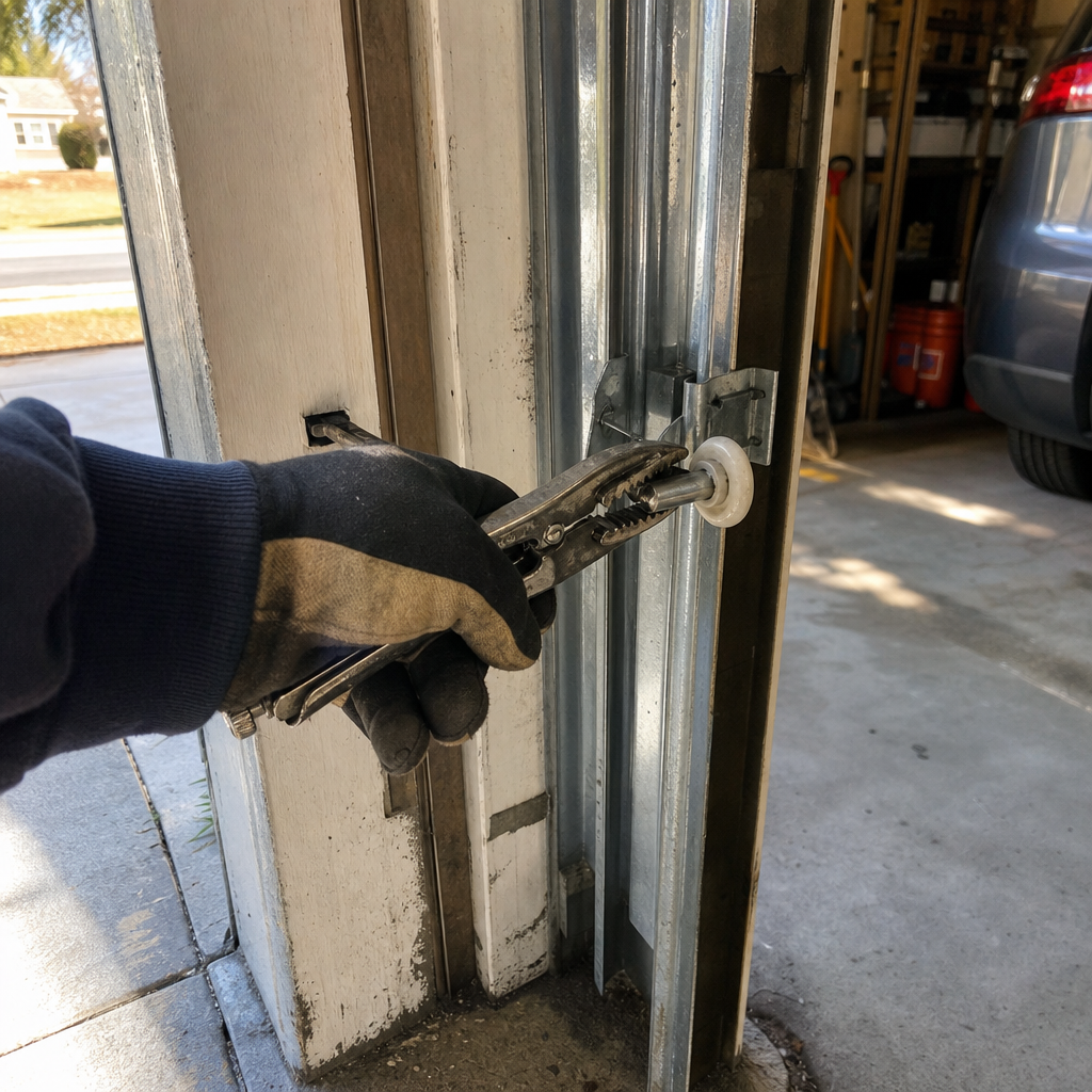 Technician performing garage door roller maintenance and track repair
