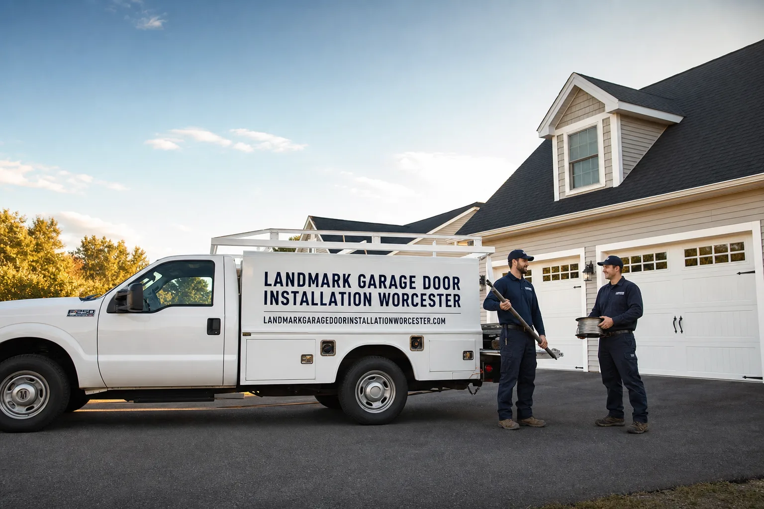 Landmark Garage Door Installation Worcester service vehicle and crew in Worcester, MA